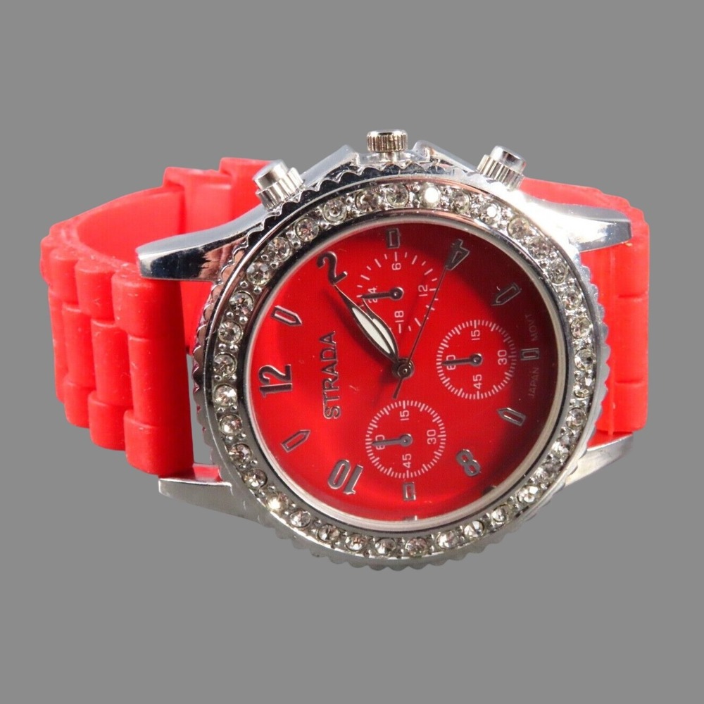 STRADA WRIST WATCH Red Silicone Sport Band SILVER w/CLEAR CRYSTALS Big Dial